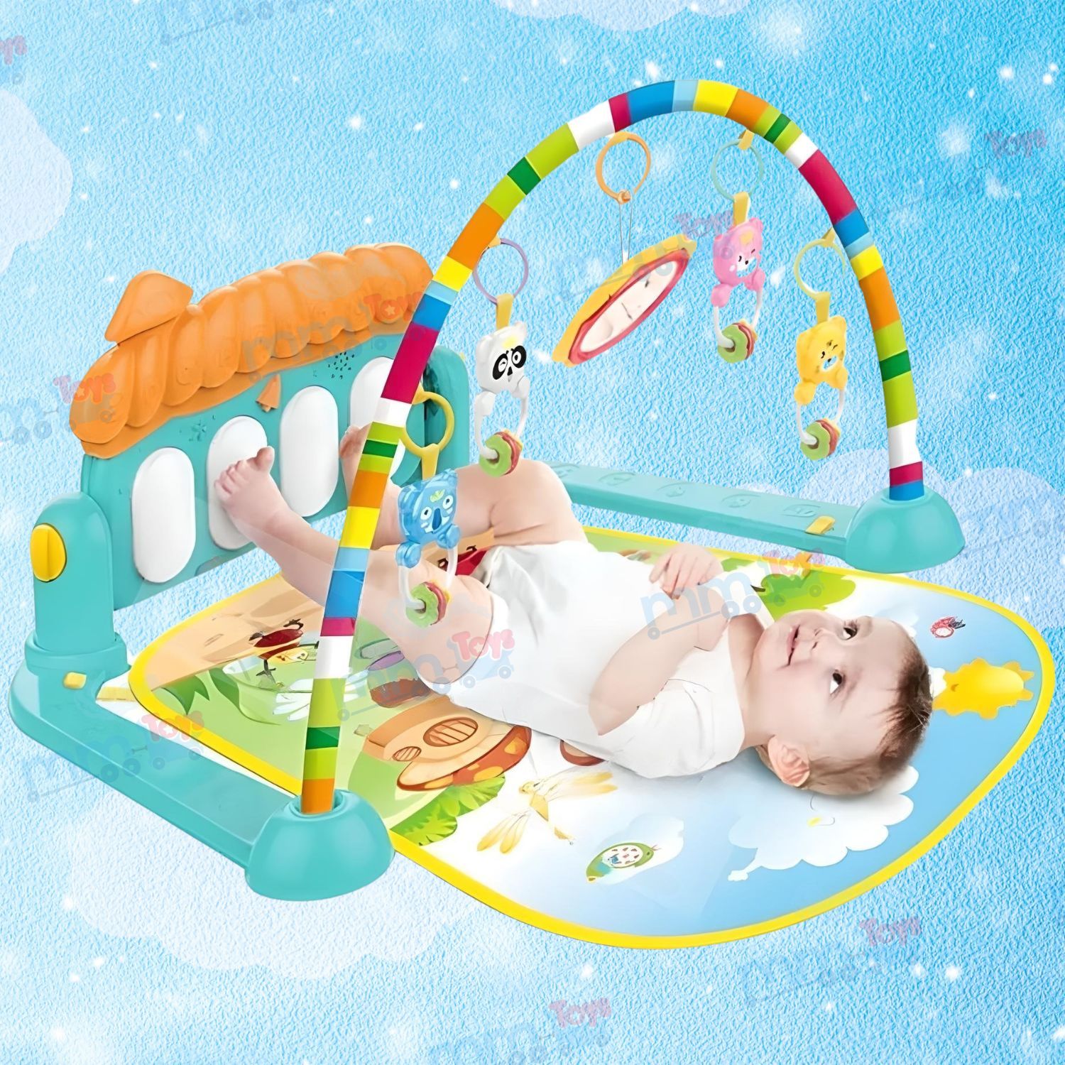 MM Toys Baby Play Mat Gym & Fitness Rack with Hanging Rattles, Lights & Musical Keyboard Mat - Convertible Piano for 0-12 Months Baby