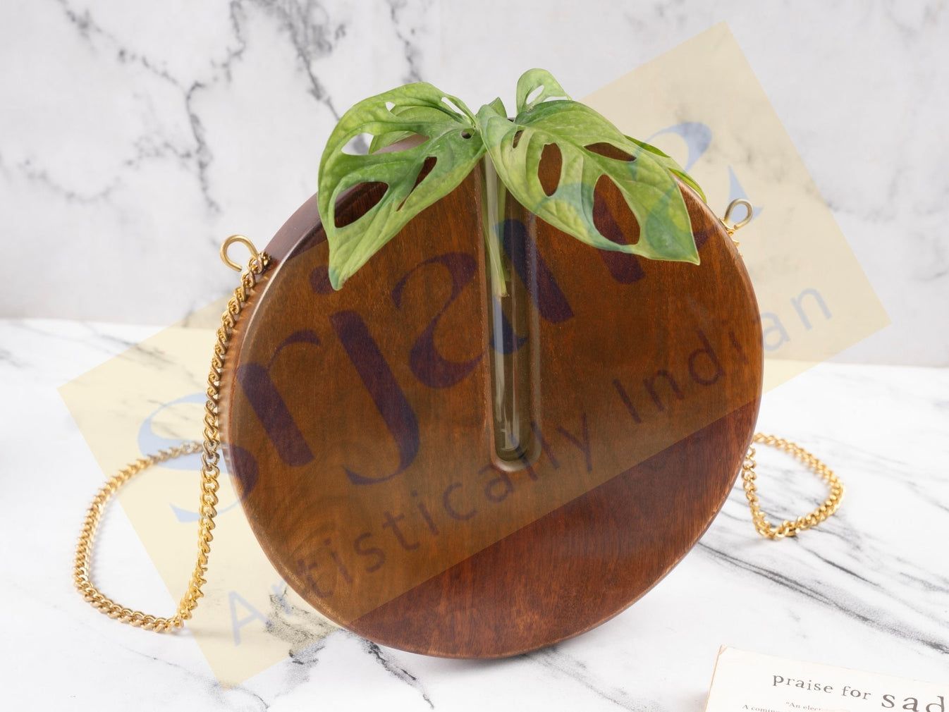 Srjana Elegant Wooden Round Hanging Planter with Glass Tube and Sling Chain 1pc
