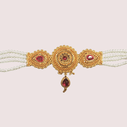 Royal Ruby Pearl Choker Necklace with Antique Gold Detailing