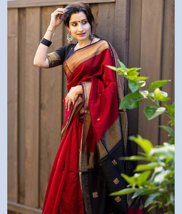 Samah Cotton Blend Self Design Saree With Unstitched Blouse Piece ( Red )