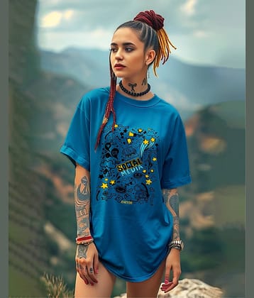 AUSK Women Cotton Blend Printed Oversized Round Neck T-Shirt ( Teal )