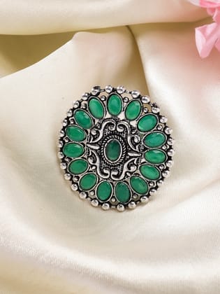 NVR Women Green Silver-Plated Circular Shape Adjustable Finger Ring-Green / Female / Cuff
