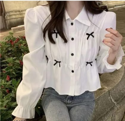 MF Women White Puff Sleeve Shirt Top | Solid Button-Down Top with Bow Detail | Casual & Party Wear