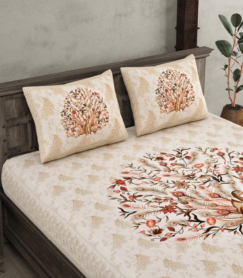Pure Cotton Peacock Printed Bedsheet Set