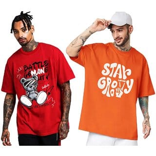 LEOTUDE Men's Oversize Cottonblend Half Sleeve Printed Tshirt