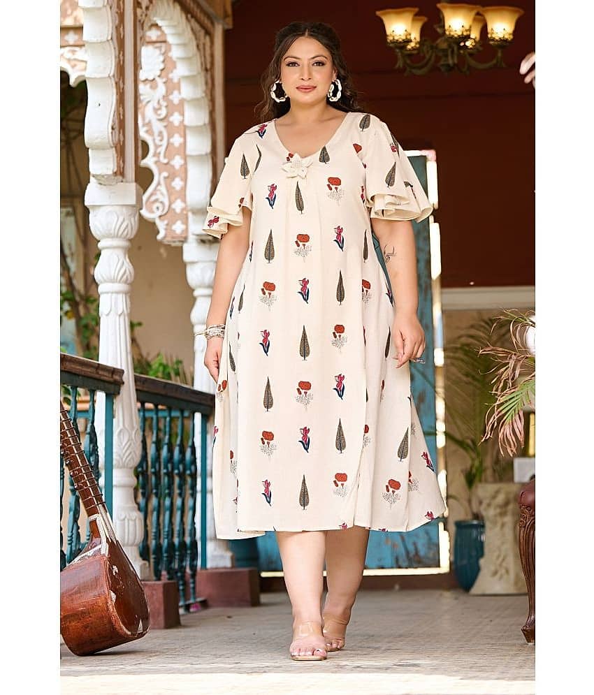 PrettyPlus by Desinoor.com Women Cotton Blend Printed A-line Dress ( Off White )