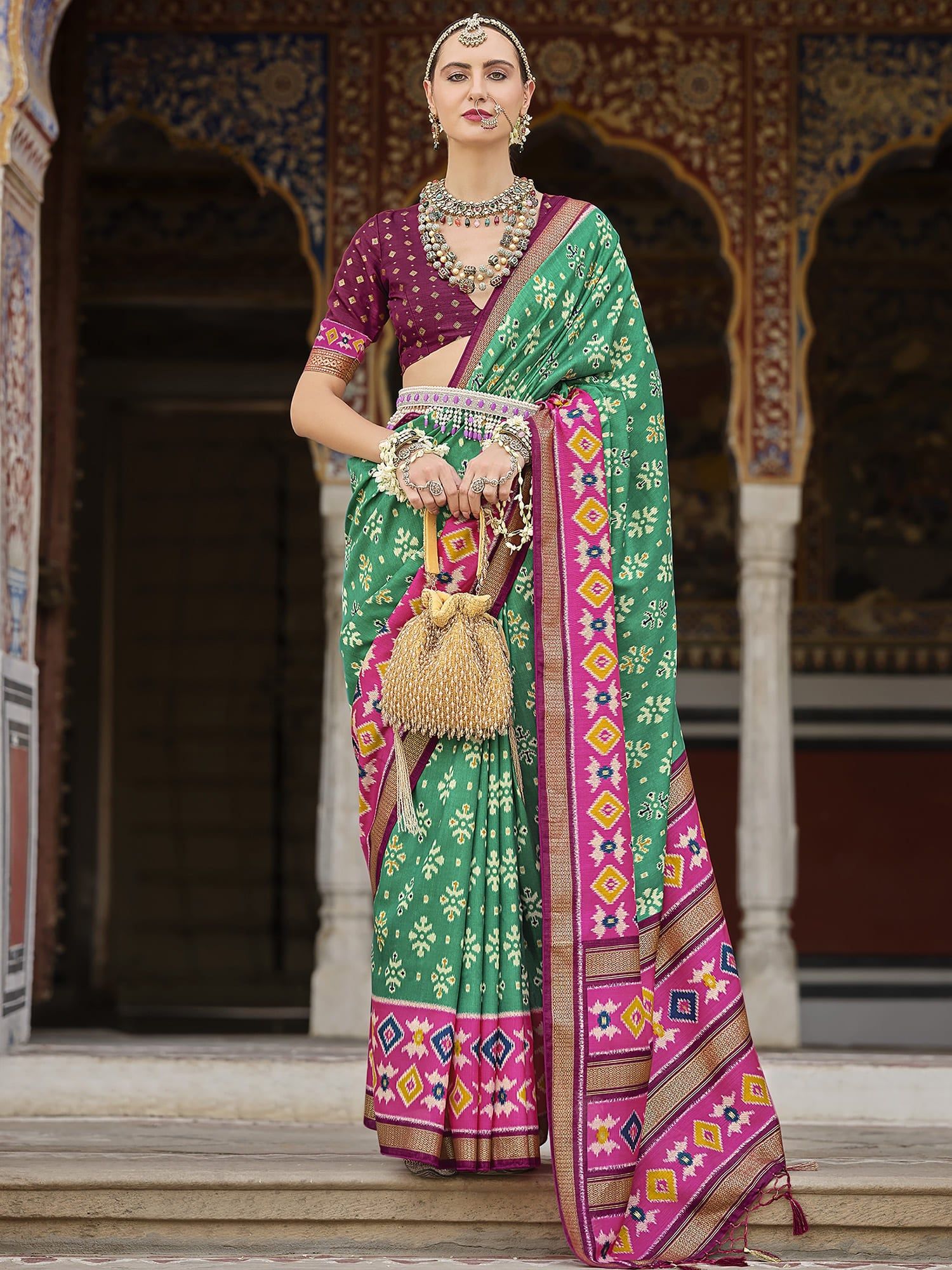 Green  Soft Silk Woven Printed Patola Designed Saree