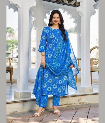 VIBE VISION Cotton Blend Printed Kurti With Pants Women's Stitched Salwar Suit - Blue ( Pack of 1 )