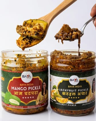 Baya India Mango & Jackfruit Pickle Combo | Homemade Aam aur Kathal ka Achar | Tangy & Flavorful Pickle | Made with Mustard Oil | No Added Preservatives | No Garlic No Onion | 350g each