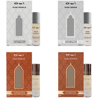Ossa Musk Sparkle And Serene, Oud Vanilla And Luxuria Unisex Concentrated Perfums Alcohol Free Attar Combo (Pack of 4)