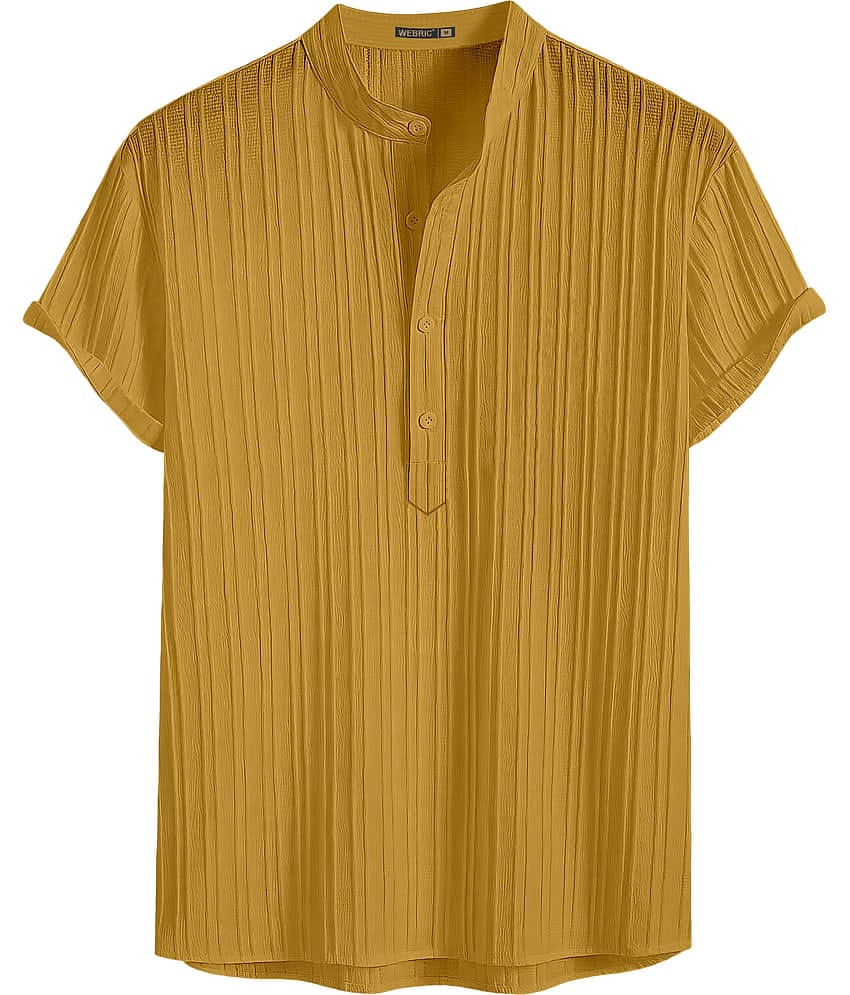 WEBRIC Cotton Blend Striped Shirt Style Kurta For Men ( Yellow )