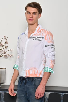Chloe - Cotton Printed Shirt - Orange-M-40 / ORANGE