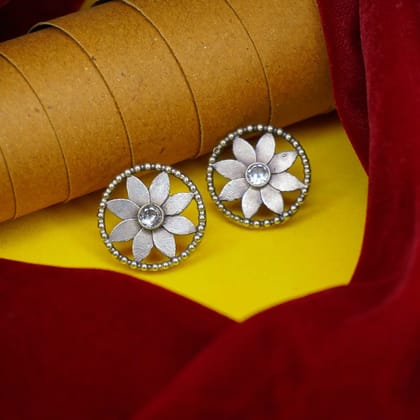 Intricate Flower Motif Oxidized Silver Stud Earrings