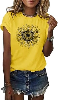 Women's T Shirts Short Sleeve Tees Sunflower Graphic Loose Summer Tops Yellow (Size L)