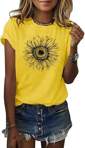 Women's T Shirts Short Sleeve Tees Sunflower Graphic Loose Summer Tops Yellow (Size L)