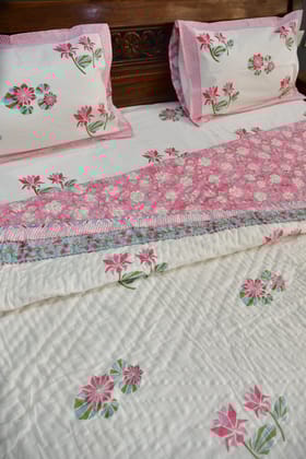 Pink Lotus Handblock Cotton Bedding Set (King (90*108 inches) bedsheet + King (90x108 inches) quilt) Pink Lotus Handblock Cotton Bedding Set (King (90*108 inches) bedsheet + King (90x108 inches) quilt)