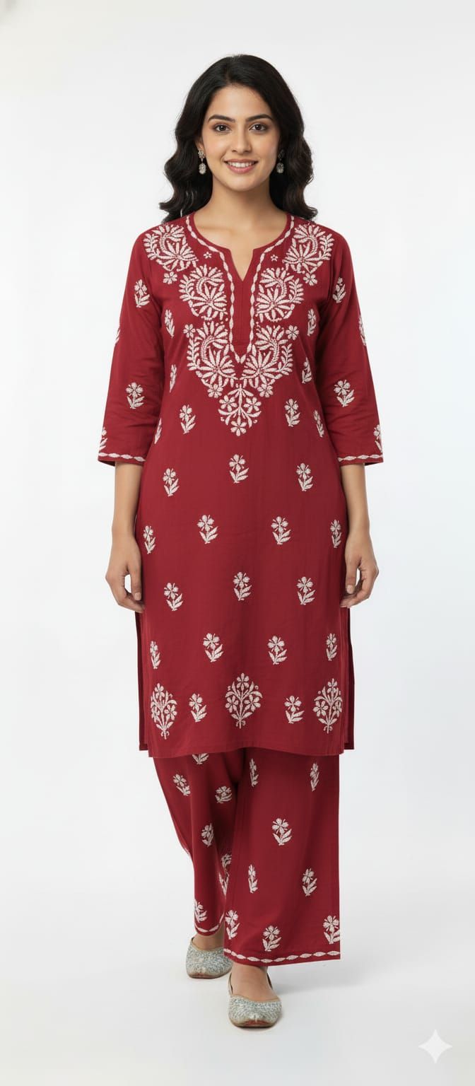 Lucknow Handwork Chikankari 2 Piece Palazzo Set With White Embroidery