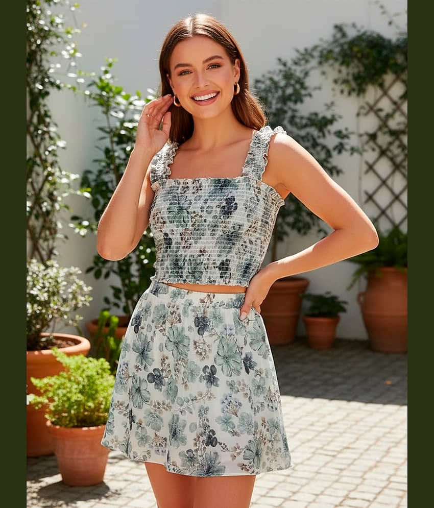 Addyvero Women Printed Top With Skirt Co-Ord Set ( Blue )