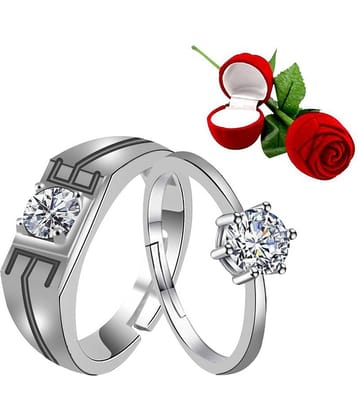 Silver Shine Silver Plated Adjustable Couple Ring with 1 Piece Red Rose Gift Box for Men and Women