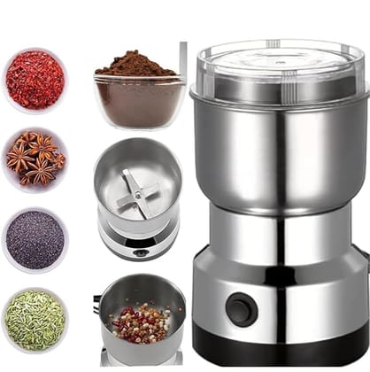 Nima Mini Stainless Steel Multifunctional Electric Grinder & Coffee Maker - Mini Spice, Coffee, and Masala Grinder for Beans, Nuts, and Grains - Household Mixer Grinder (Silver)
