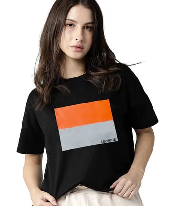 Leotude Women Cotton Blend Printed Oversized Fit Round Neck T-Shirt ( Black )