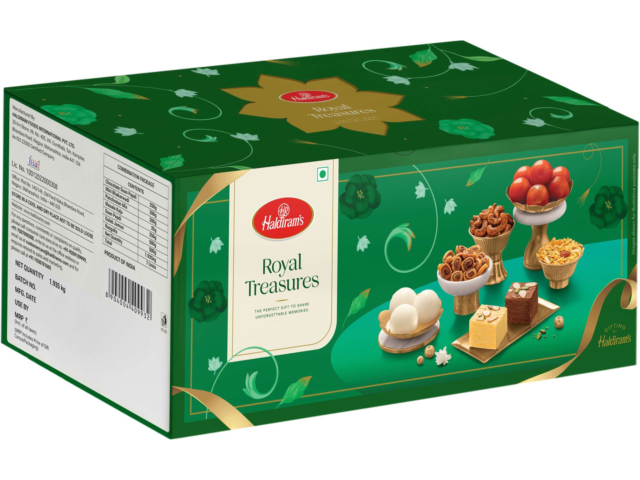 Haldiram's Royal Treasures Gift Hamper- 200g Panchratan, Bhakarwadi, 500g Rasgulla, Gulab Jamun, 250g Soan Papdi, Chocolate Soan Papdi & 35g Kaju 