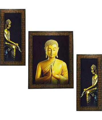 Indianara Lord Buddha Wood Painting With Frame Set of 3