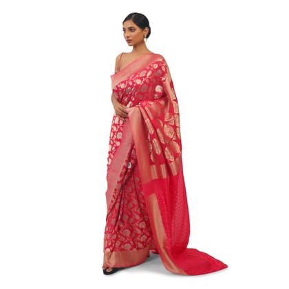 TheHangr Red Soft Georgette Designer Saree With Golden And Silver Work TheHangr Red Soft Georgette Designer Saree With Golden And Silver Work