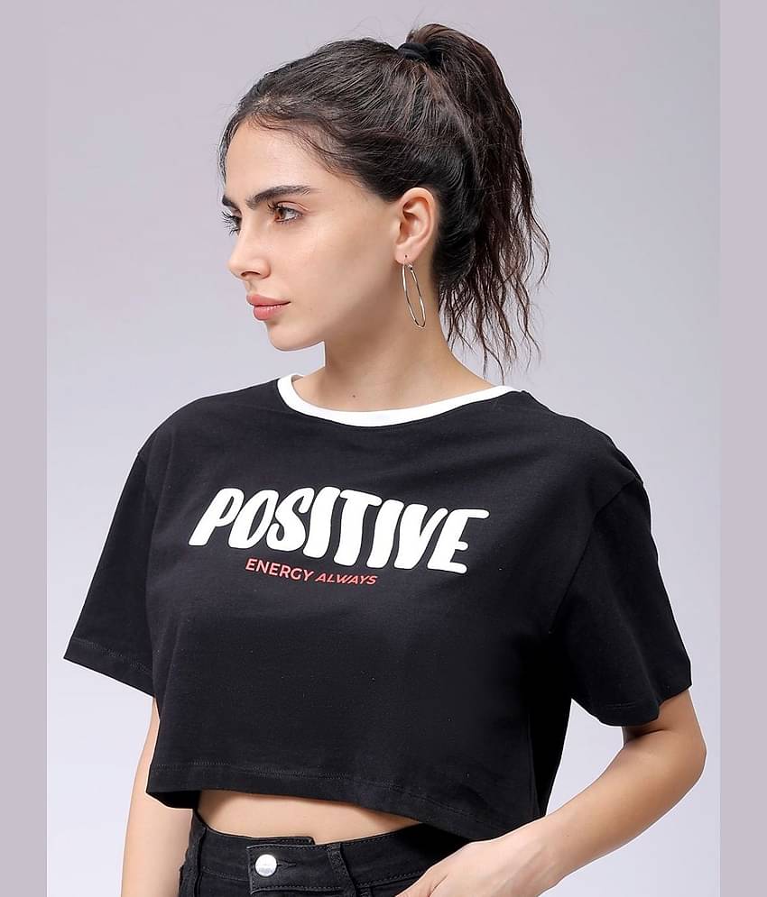 Freehand Women Cotton Printed Oversized Fit Round Neck T-Shirt ( Black )