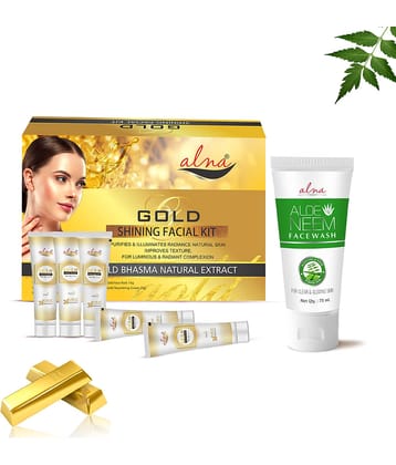 Alna Gold Shinning Facial Kit 75gm with Aloe Neem Face Wash 75ml For All Skin Type , Pack of 2