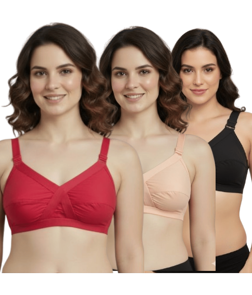 love girl Pack of 3 Cotton Non Padded Everyday Bra For Women ( Red,Peach,Black )