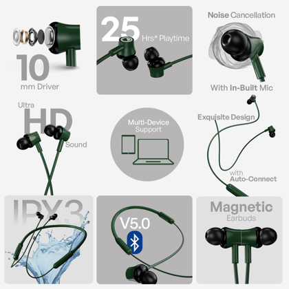 Cellecor NK-3 Wireless Waterproof Neckband with 25 Hrs playtime Headphone Bluetooth - Green