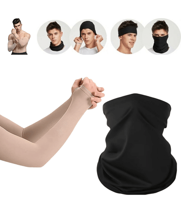 Aksmit Combo Bandana Black Motorcycle Face Mask And Arm Sleeve Beige for Men and Women