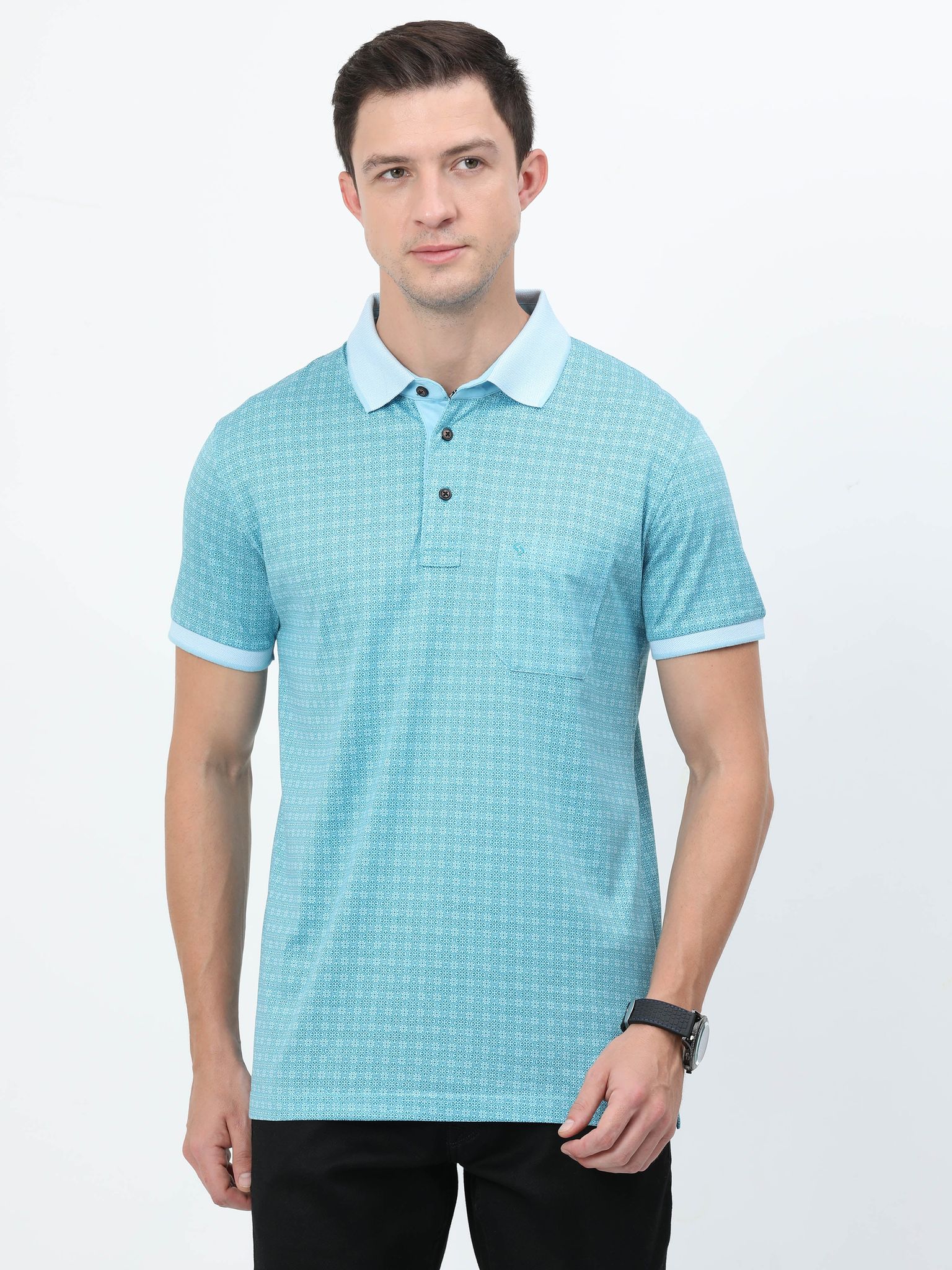Classic Polo Mens Cotton Half Sleeves Floral Slim Fit Polo Neck Turqoise Color T-Shirt | Scant - 26 B Sf P
