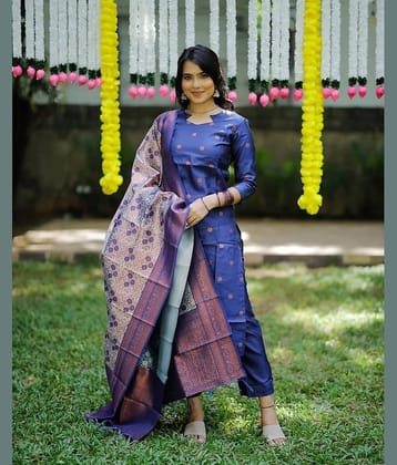 Trijal Fab Cotton Silk Solid Kurti With Pants Women's Stitched Salwar Suit - Blue ( Pack of 1 )