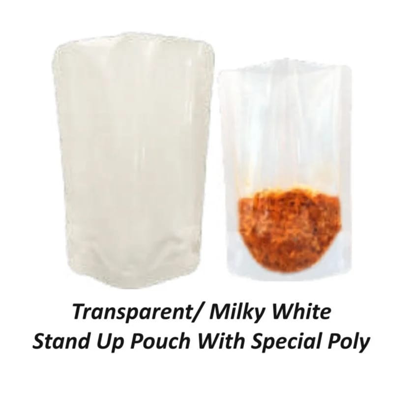 Transparent / Milky White Stand up Pouch With Special Poly For Pickles   120x170x40x40 MM  250 ML Capacity 500 pieces