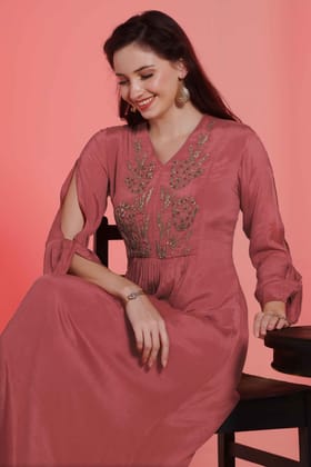 Rust chinon chiffon tunic with intricate gold hand embroidery on yoke-L