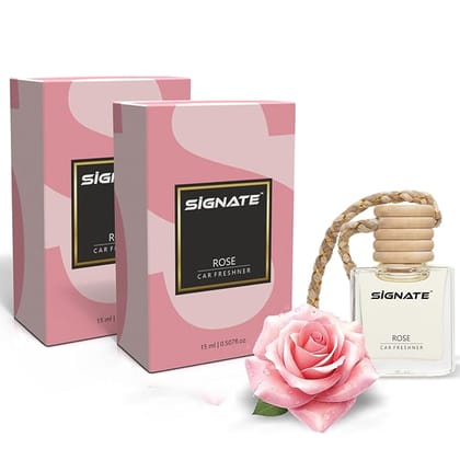 Signate Car Perfume with Natural Fragrance Essential Oils | Car Air Fresheners Long Lasting Upto 90 Days | Hanging Pod in Glass Bottle with Wooden Diffuser Lid  15ML (Rose) (Pack of 2)