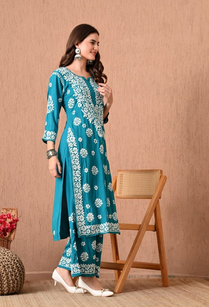 Hand Embroidered Chikankari 3d Work Plazo Set