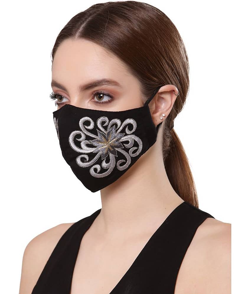 Anekaant Black & Silver Cotton Embroidered Mask