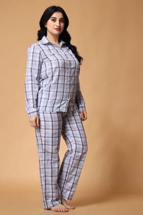 Blue Checked Night Suit Set-L / L / Blue