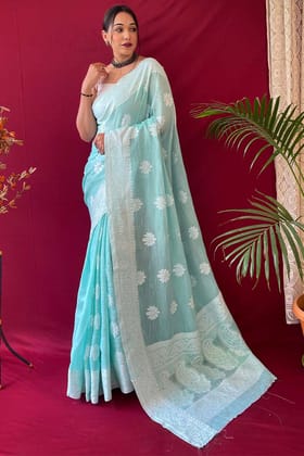 Tiffany Blue Lucknowi Cotton Silk Saree
