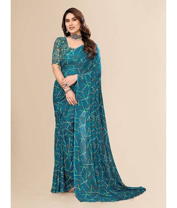 ANAND SAREES Georgette Printed Saree With Unstitched Blouse Piece ( Navy Blue )
