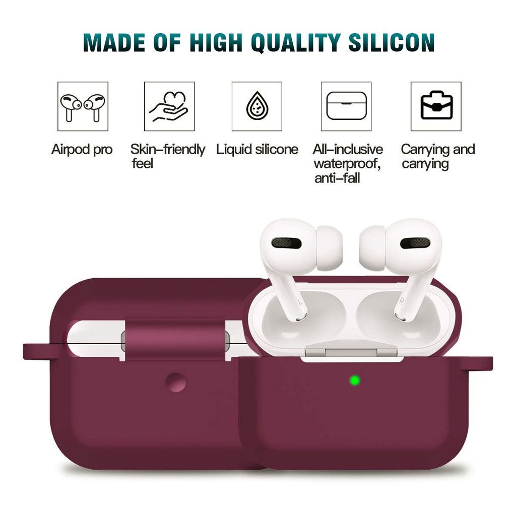 LIRAMARK Silicone Soft Case Cover with Buckle for Airpods Pro (2019), AirPods Pro 1st Generation (Wine)