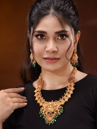 Gold Plated Multi stone studded Handcrafted Exquisite Lakshmi ji & Peaacock Design Temple Jewellery Set Gold Plated Multi stone studded Handcrafted Exquisite Lakshmi ji & Peaacock Design Temple Jewellery Set
