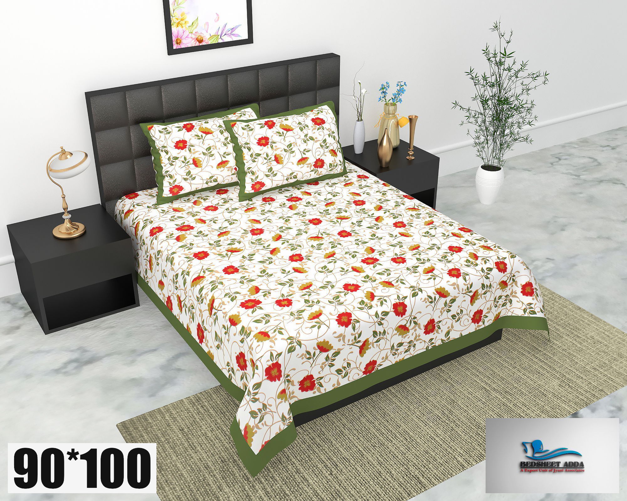 2001-Bedsheet Adda-Pure Cotton Jaipuri Printed Double Bedsheet With 2 Pillow Covers-Radhika white
