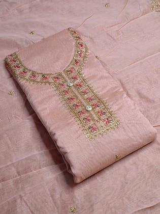 Peach Colour Chanderi Cotton Zari Work Unstitched Suit Fabric with Dupatta-Free Size / Peach