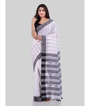 Desh Bidesh Cotton Striped Saree With Unstitched Blouse Piece ( White )