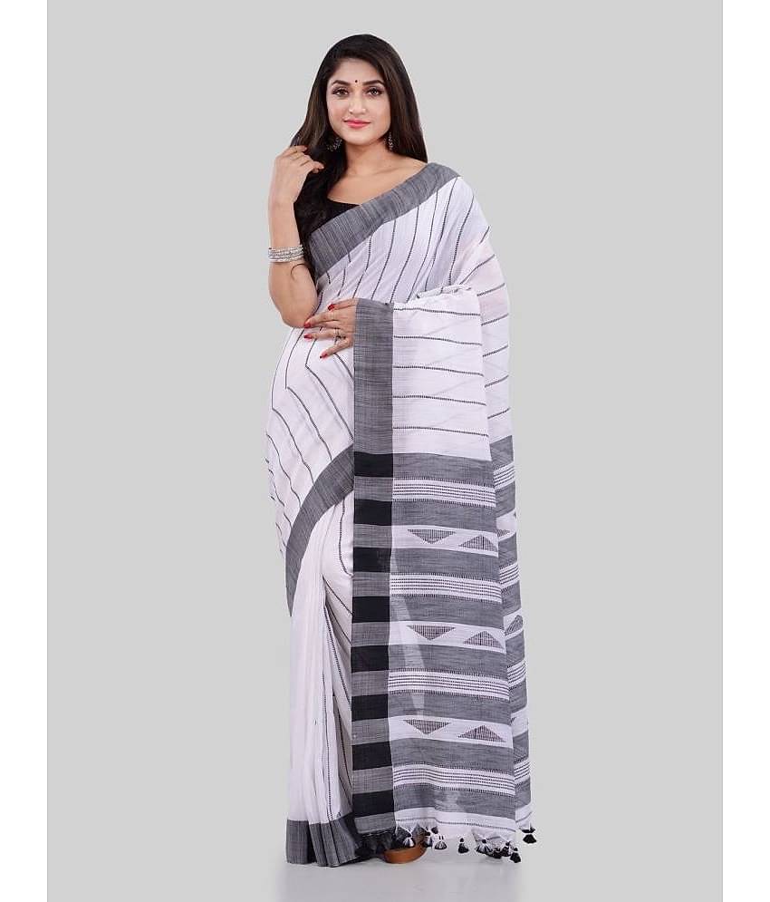 Desh Bidesh Cotton Striped Saree With Unstitched Blouse Piece ( White )
