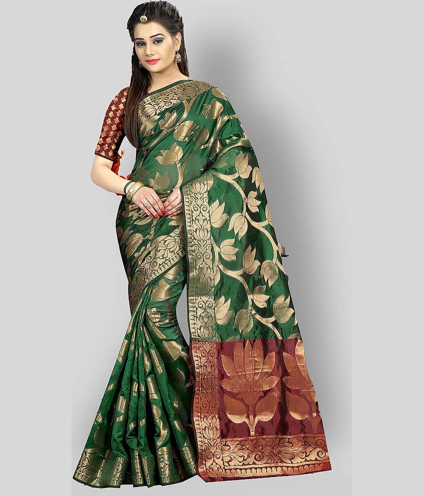 Gazal Fashions Banarasi Silk Printed Saree With Unstitched Blouse Piece ( Multicolor )